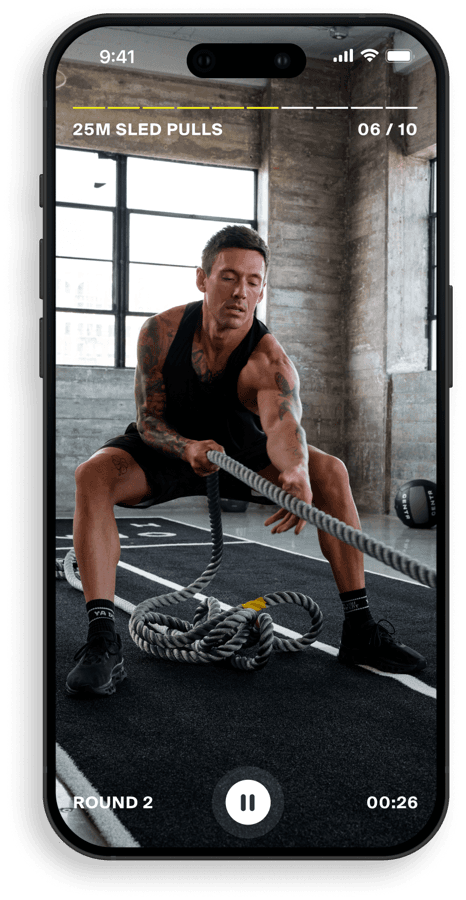 Centr workout player showing a 25m sled pulls station