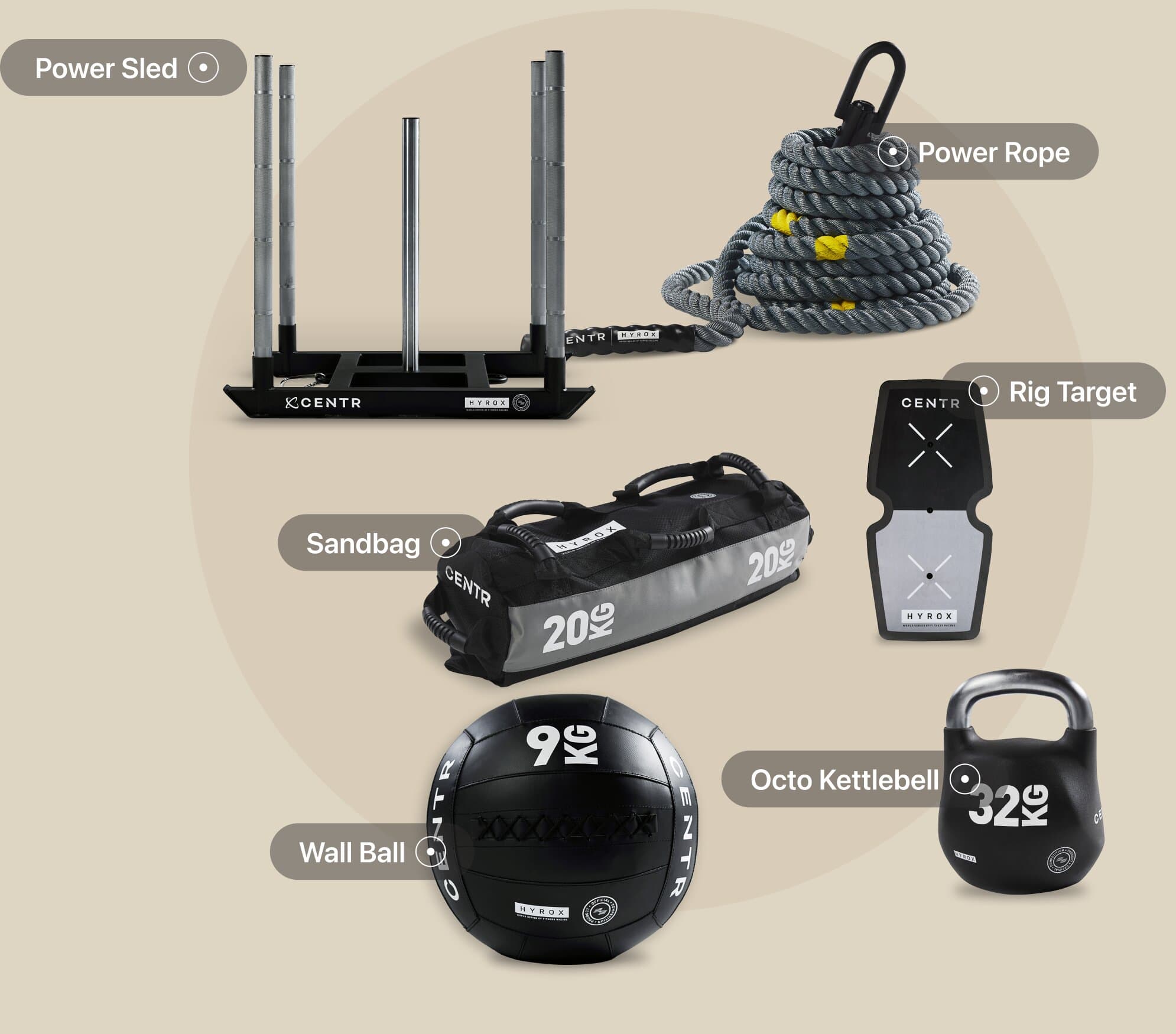 HYROX equipment bundle — Power Sled, Power Rope, Sandbag, Wall Ball, Rig Target, Octo Kettlebell